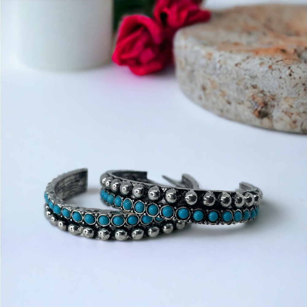 Western-inspired Hoop Earrings with Burnished Silver Tone and Turquoise Howlite